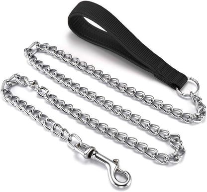 Stainless Steel Chain Leash – 120cm Chew Proof Lead with Soft Padded Handle - Fluffs Club