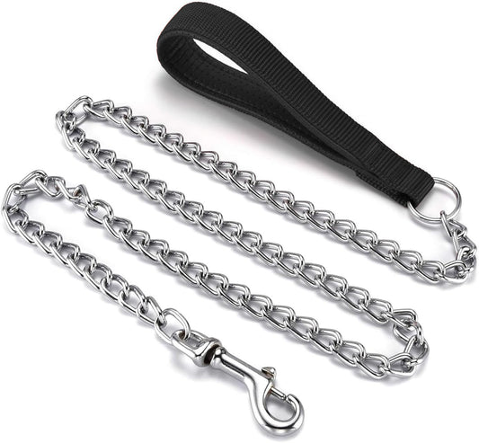 Stainless Steel Chain Leash – 120cm Chew Proof Lead with Soft Padded Handle - Fluffs Club