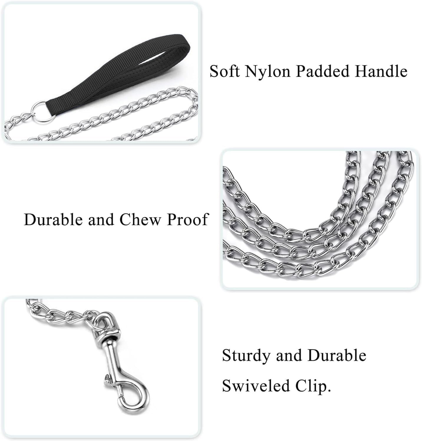 Stainless Steel Chain Leash – 120cm Chew Proof Lead with Soft Padded Handle - Fluffs Club