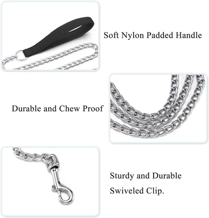 Stainless Steel Chain Leash – 120cm Chew Proof Lead with Soft Padded Handle - Fluffs Club