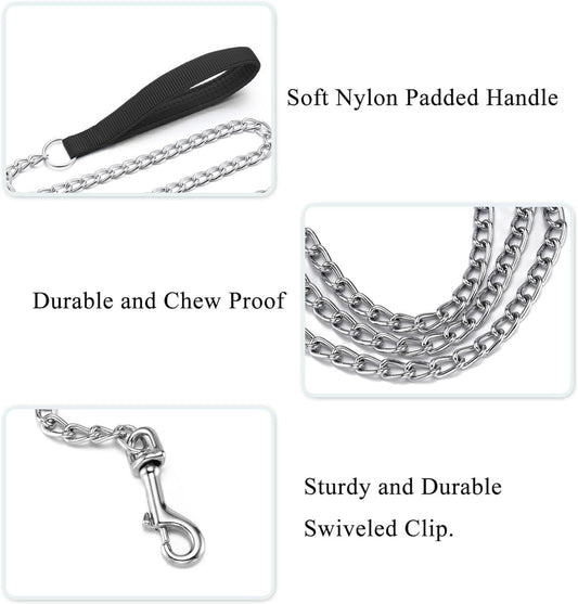 Stainless Steel Chain Leash – 120cm Chew Proof Lead with Soft Padded Handle - Fluffs Club